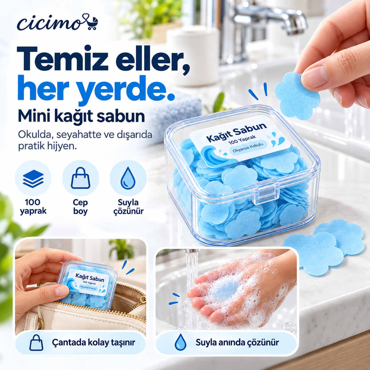 CepKöpük™ – Çocuklar İçin 100 Yaprak Suda Eriyen Mini Kağıt Sabun